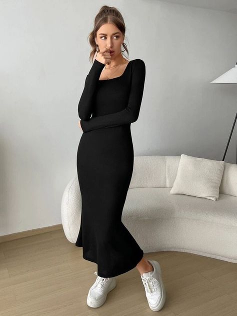 Shop this look, #ad Square Neck Midi Dress Long Sleeve, Black Square Neck Midi Dress, Black Body Con Dress Outfit, Long Black Dress Outfit Casual, Modest Bodycon Dress, Long Sleeve Long Dress Casual, Black Bodycon Dress Outfit, Long Black Dress Outfit, Long Black Bodycon Dress