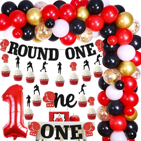 Mma Birthday Party Ideas, Boxing Themed Birthday Party, Rocky Theme Birthday Party, Boxing First Birthday Party Themes, Round 1 Boxing Birthday Party, Round One Boxing Birthday Party, Boxing Party Decorations, Boxing Theme Party Ideas, Boxing Gloves Cake