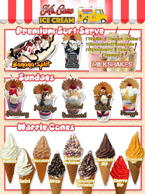 Mr. Cone Ice Cream - Ice Cream Truck, Soft Serve Catering Ice Cream Truck Menu Ideas, Soft Ice Cream Recipe, Soft Serve Ice Cream Truck, Ice Cream Menu Ideas, Ice Cream Ideas For Business, Soft Serve Ice Cream Ideas, Soft Ice Cream Ideas, Ice Cream Business Ideas, Ice Cream Truck Ideas