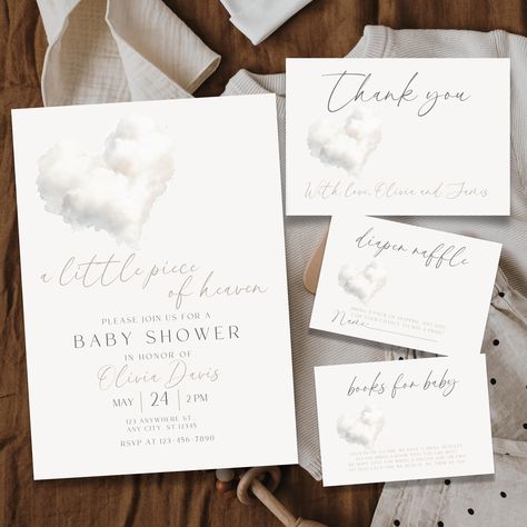 Matching Items: https://www.etsy.com/shop/BabyWondersShop?ref=dashboard-header&search_query=BS64 Celebrate your little piece of heaven with our delightful digital baby shower invitation bundle! Perfect for a heaven-themed baby shower, this editable invite captures the essence of joy and softness, making it a fitting choice for any gender-neutral celebration.  Designed to evoke a cloud 9 experience, our heaven shower evite is easy to customize, ensuring it reflects your unique style and the warmt Evite Baby Shower Invitations, Heaven Sent Baby Shower Invitations, She’s A Little Piece Of Heaven Baby Shower Theme, Piece Of Heaven Baby Shower Theme, Heavenly Baby Shower Theme, Little Piece Of Heaven Baby Shower Theme, Angel Baby Shower Theme, Heaven Baby Shower Theme, Heaven Sent Baby Shower Theme