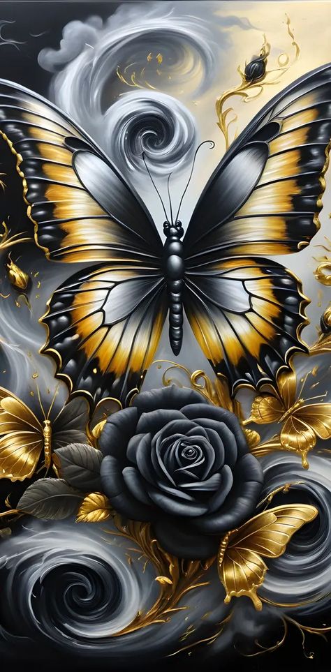 Black And Gold Wallpaper Backgrounds, Black Butterfly Wallpaper Iphone, Gold Butterfly Wallpaper, Sunflower Phone Wallpaper, Airbrush Butterfly, Black Butterfly Wallpaper, Butterfly Pics, Black Flowers Tattoo, Black Flowers Wallpaper