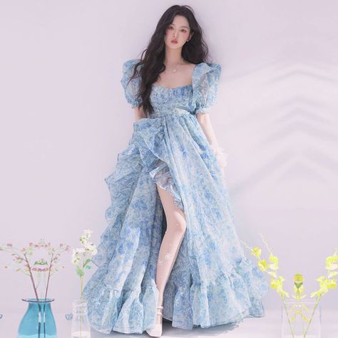 Smarter Shopping, Better Living! Aliexpress.com Long Fairy Dress, Elegant Beach Party, Fairycore Dresses, Beach Party Dress, Short Puff Sleeve, Ruffles Fashion, Puff Sleeve Dresses, Elegantes Outfit, Summer Party Dress