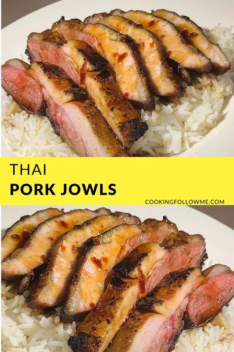 This Authentic Thai Favorite Pork Jowls will give you a true taste of Southeast Asia, with its sparky chili hints and rich sauce.Only easy 3 steps to complete this 5-star Thai restaurant recipe just at home. #thairecipes #PorkJowls Pork Jowl Recipe Dishes, Jowl Recipe, Pork Jowl Recipe, Pork Jowl, Offal Recipes, Thai Pork, Sweet Sticky Rice, Lentil Dishes, Asian Pork