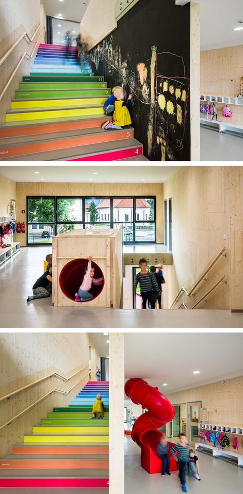 This kindergarten in Slovenia, designed by Jure Kotnik Architecture, has a staircase where they put a number on each stair, as a subtle way to encourage self-learning. Because kids have little legs, they pay attention to each stair they climb, and by placing the numbers on each stair, it gets them counting in their heads or even out loud. Kindergarten Architecture, Kindergarten Interior, Preschool Designs, Daycare Design, Kindergarten Design, Stairs Architecture, School Interior, Kids Area, Classroom Design