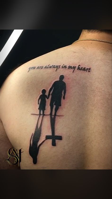 Tattoo Ideas For Father And Son, Father’s Day Tattoo, God Father Tattoos, Father Son Tattoos For Men, Father Tattoo For Son, Alone Tatoos Ideas, Shoulder Blade Tattoo For Guys, Unique Memorial Tattoos Dad, Father Tattoo Design