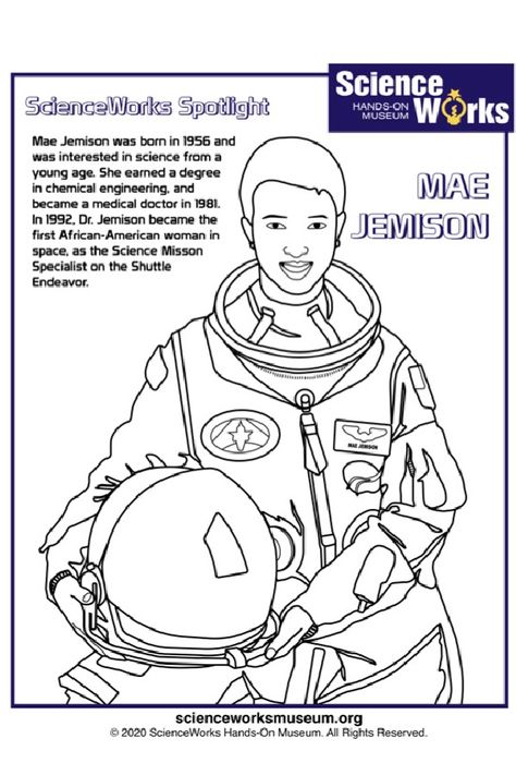 Mae Jemison Project, Mae Jemison Craft For Kids, Mae Jemison Activities, Month Coloring Pages, Women Coloring Pages, February Themes, Famous Black People, Mae Jemison, Children Projects