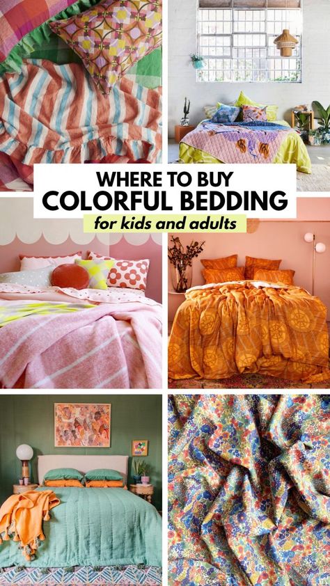 Where To Buy Colorful Bedding (For Kids & Adults!) - Studio DIY Master Bedrooms Decor Cozy Colorful, Kids Neutral Bedding, Colorful Layered Bedding, Funky Bedding Sets, Girls Bedding Sets Twin, Bright Duvet Covers, Funky Comforter Sets, Fun Comforter Sets, Multi Color Bedroom Ideas