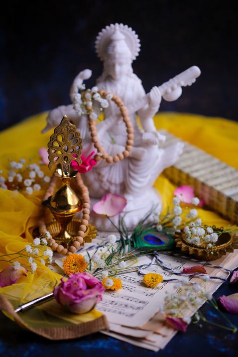 Saraswati Puja Saraswati Puja Saree Look Aesthetic, Saraswati Quotes, Indian Illustrations, Saraswati Pooja, God Mantra, Saraswathi Pooja, Puja Decoration, Saraswati Mata, Navratri Puja