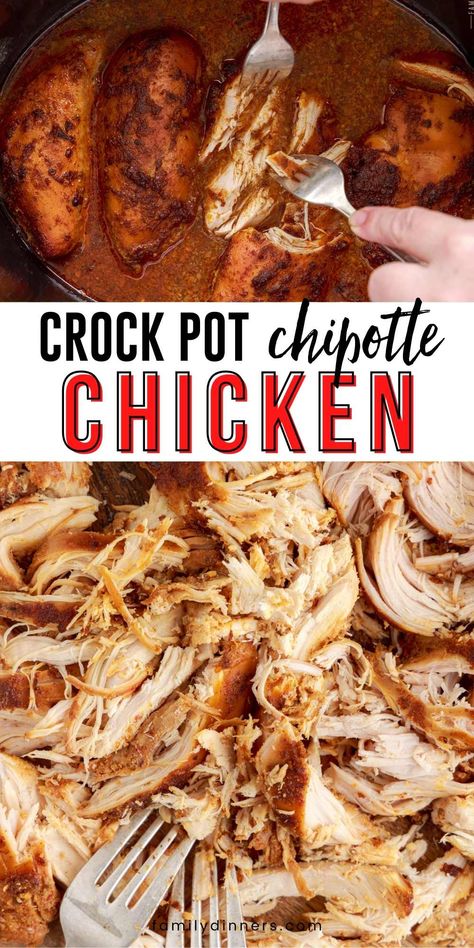 Delicious and easy crockpot chipotle chicken tacos recipe. Grab your crock pot (slow cooker) and this amazing chipotle marinade and get ready for the tacos of your dreams. Make Taco Tuesday something everyone looks forward to! We love this easy weeknight dinner recipe. Or marinade the chicken and freeze for a make ahead meal or freezer meal! Chicken Marinades For Crockpot, Crock Pot Marinated Chicken, Spicy Pulled Chicken Crock Pot Recipes, Crockpot Pollo Loco, Crockpot Chicken Marinades, Chicken Marinade Crockpot, Adobe Chipotle Chicken, Chipotle Chicken Tacos Crockpot, Chipotle Copycat Recipes Crockpot