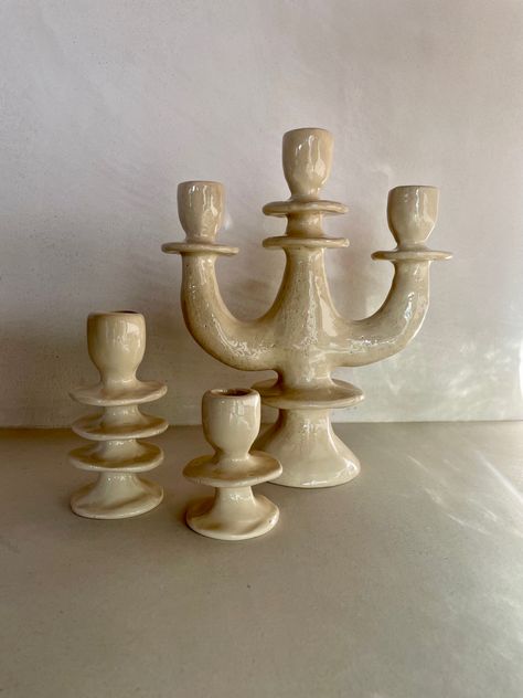 Clay Candle Holders Aesthetic, Ceramic Candelabra Centerpiece, Candleabra Ideas, Candleholder Ceramic, Candle Holder Clay, Weird Candles, Candelabra Centerpiece, Candle Pot, Pottery Candle Holder