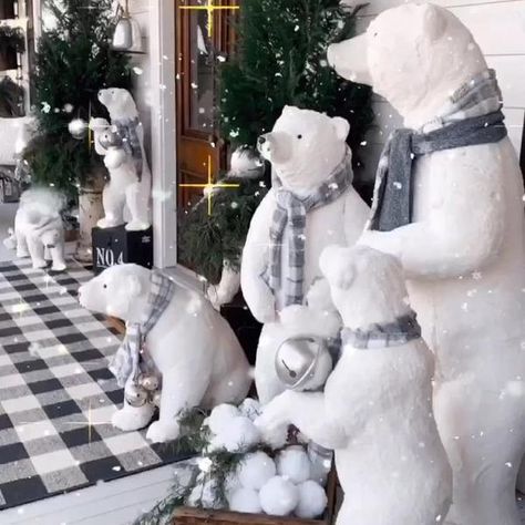 Connie White Snow Decorations Outdoor, Polar Bear Christmas Decor, White Christmas Porch Decor, Polar Bear Christmas Tree, Polar Bear Christmas Decorations, Christmas Polar Bear, Metallic Christmas, Polar Bear Christmas, Creative Christmas Trees