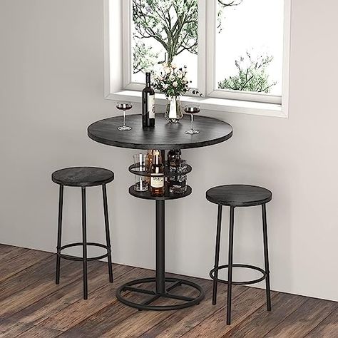 Bar table and stools for your living space! Can be found and bought on Amazon! Counter High Breakfast Table, Round Bar Table And Stools, Bar Table With Stools, High Table Kitchen, Small Bar Table, Downstairs Ideas, Circular Bar, High Top Table, Black Living Room Decor