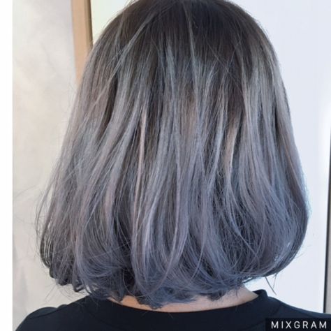 Hair Colour Ash Grey, Ash Blonde With Purple Peekaboo, Ash Grey Hair Short, Blue Ash Hair Color, Blue Gray Hair Color, Green Grey Hair, Ash Green Hair Color, Hair Colour Grey, Grey Purple Hair