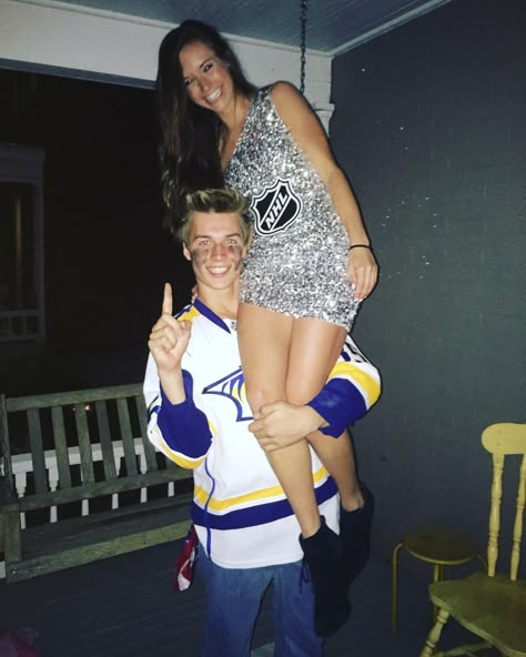 Halloween Couple Costumes. Hockey player and Stanley Cup #Couplecostumes Hockey And Stanley Cup Costume, Stanley Cup Couples Costume, Sport Couple Costumes, Hockey Halloween Costume Couple, Hockey Couple Costume, Stanley Cup And Hockey Player Costume, Couple Halloween Costumes Stanley Cup, Couple Halloween Costumes Hockey, Hockey Costume Halloween