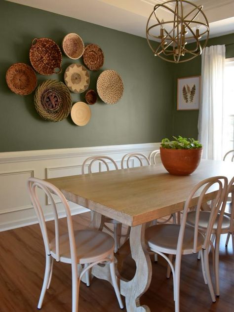 Cool Paint Shade Ideas We Love: Blue, Green, Purple and More | HGTV Green Rustic Dining Room, Half Green Wall Dining Room, Boho Green Dining Room, Avocado Green Dining Room, Green And Yellow Dining Room, Dining Room With Green Walls, Green Grey Dining Room, Nature Inspired Dining Room, Sage Green Dining Room Decor