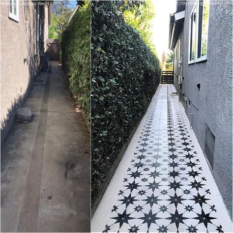 Small Concrete Porch Ideas, Concrete Patio Stencil Ideas, Diy Backyard Decor, Stencil Concrete, Garage Floor Paint, Royal Design Studio Stencil, Pattern Tiles, Painted Patio, Stencil Projects