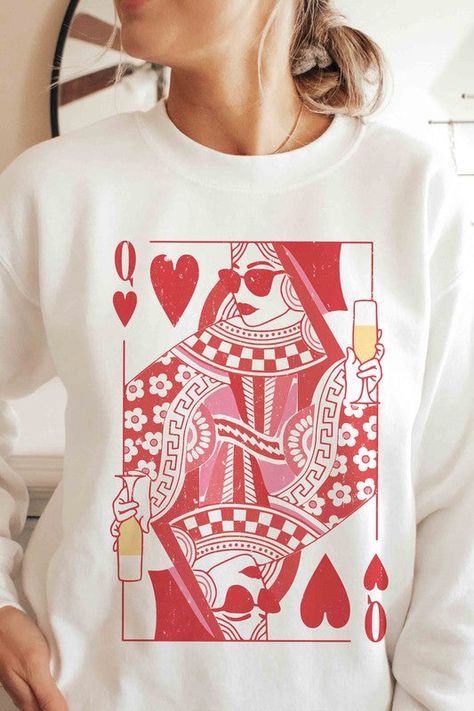 CHAMPAGNE QUEEN OF HEARTS Graphic Sweatshirt – Mila Rae Boutique Queen Of Hearts Outfit Ideas Casual, Queen Of Hearts Valentines, Off With Their Heads, Heart Sweatshirt, Coastal Charm, Sheer Fabric, Queen Of Hearts, Sweater Blouse, Fit Style