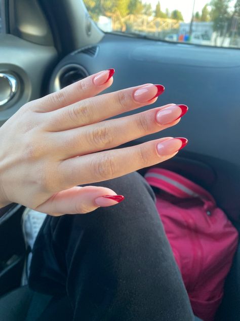 French Red Almond Nails, French Tip With Red Accent, Oval Nails Red French, Alana Galtieri Nails, Pink Nails Red French Tip, Almond French Tip Nails Color Winter, Ruby Red French Tip Nails, Dark Red French Tips Almond, Nail Inspo For Red Prom Dress