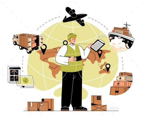 International Logistics Management Logistics Illustration, Logistics Manager, College Poster, Logistics Management, Art Boy, Editorial Illustration, Random Things, Interior Architecture, Vector Art