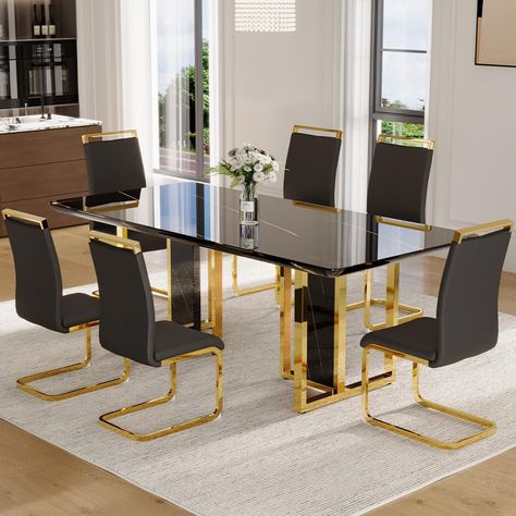 PRICES MAY VARY. Black Dining Table Set of 6:The modern dining table set for 6 including 67 inch dinner table and 6 black gold chairs . The rectangle kitchen table with chairs suit for 6-8 people have a small party at home or daily use. The ample table top fit any food on dinner time . Black Modern Dining Table: The size of the rectangle dining table with 6 chairs size is :67"*36"*30". The wood dining table made of MDF wood Board,decore by faux marble pattern paper and painted the glossy black c Dining Table Set For 6, Black Dining Table Set, Modern Kitchen Room, Rectangle Kitchen Table, Gold Chairs, Rectangle Kitchen, Dinning Room Sets, Large Dining Room Table, Faux Marble Dining Table