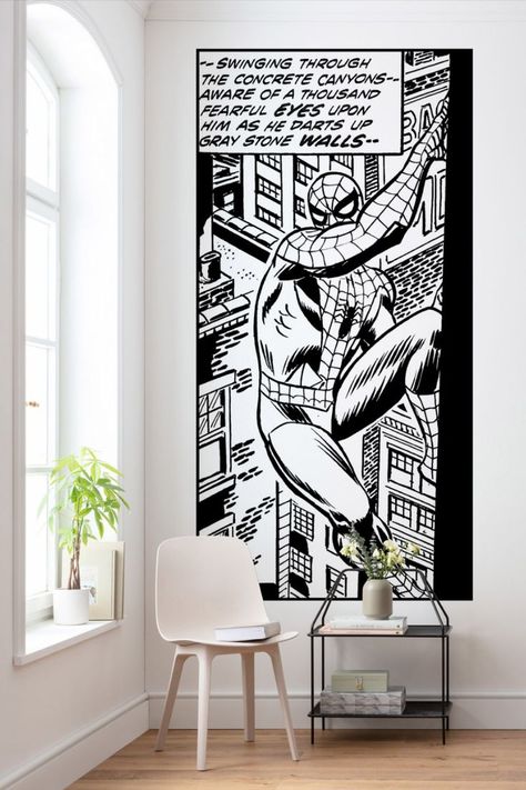 Spider Man Room Ideas Kids, Spiderman Classic, Marvel Wall, Light Grey Walls, Chimney Breast, Man Room, Man Wallpaper, Wood Wallpaper, High Walls