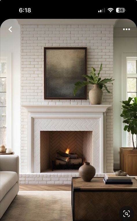 White Brick Gas Fireplace, Brick Fireplace White Mantle, White Washed Brick Fireplace, Paint Brick Fireplace White, Brick Fireplace Makeover Ideas, Fireplace With Candles, Update Brick Fireplace, Brick Fireplace Decor, Fireplace Makeover Ideas