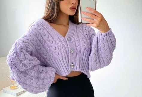 Diy Crochet Sweater, Lilac Cardigan, Trendy Cardigans, Tie Dye Tops, Cardigan Oversized, Oversized Knit Cardigan, Bff Outfits, Purple Cardigan, Cardigan Outfits