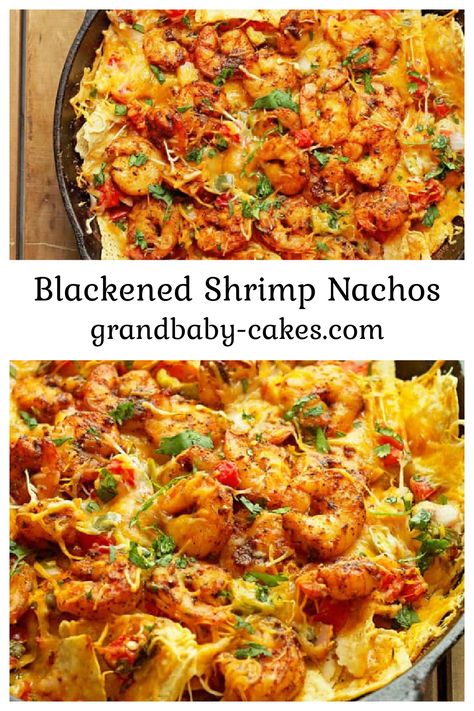 Blackened Shrimp Nachos, Shrimp Superbowl Recipes, Shrimp And Beef Nachos, Seafood Football Food, Super Bowl Shrimp Recipes, Cajun Shrimp Nachos, Loaded Shrimp Nachos, Pescatarian Superbowl Recipes, Seafood Night Ideas Parties