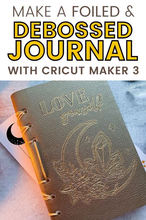 (AD) In this tutorial, you'll learn how to make a leather journal that is debossed, foiled, and cut with your Cricut Maker 3. We will be using quality supplies such as textured leather, heavy chipboard, and different Cricut Maker blades & tools. #CricutMade #CricutCreated Cricut Chipboard, Chipboard Projects, Embossed Leather Journal, Cricut Maker 3, Cricut Supplies, Leather Book Covers, Leather Notebook Cover, Leather Engraving, Leather Journal Cover