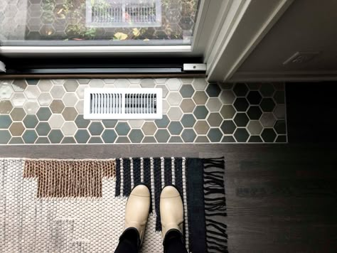 Floor Transitions, Tile Color Palette, Condo Makeover, Tiling Ideas, Cement House, Entryway Tile, Entry Tile, Hexagon Floor, Hexagon Tile Floor