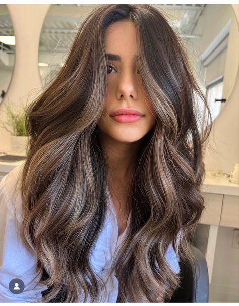 Light Brown Balayage For Fair Skin, Black Hair Beige Highlights, Brunette Beige Highlights, Highlights On Lighter Brown Hair, Long Blonde Balayage Hair Dark Roots, Brunette Hair Grey Highlights, Level 7 Hair Balayage, Malaika Arora Hair Color, Balayage For Dark Brown Hair Fair Skin