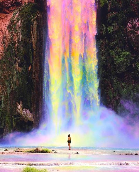 This is what we imagine a waterfalls aura to look like...  Artwork by: @space.ram Photo by: @andyfortson  #findyourcenter #awakening #art #surreal #consciousness  #magic #losangeles #earthlove #manifestation #waterfall #loveearth #aura #imagination #love Trippy Images, Fun Backgrounds, Blessed Images, Rainbow Waterfall, Image Bleu, Rainbow Pictures, Rainbow Photography, Waterfall Landscape, Aesthetic Board