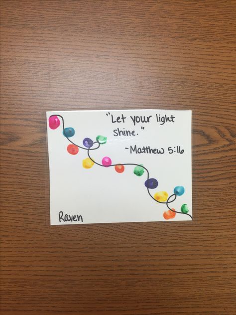 Fingerprint lights with bible verse. Nativity Fingerprint Art, Thumbprint Nativity Scene, Christmas Light Fingerprint Craft, Bible Verse Handprint Craft, Finger Print Christmas Crafts, Fingerprint Christmas Lights, Light Bible Verse, Christmas Sunday School, Winter Crafts Preschool