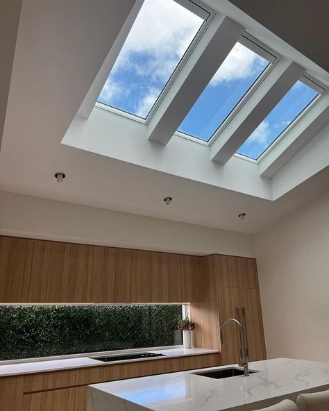 Velux Skylights Kitchen, Kitchen Skylights, Warm Inviting Kitchen, Roof Renovation, Skylight Installation, Inviting Kitchen, Skylight Design, Skylight Kitchen, Velux Skylights