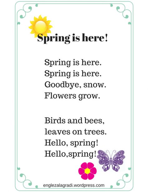 English spring poems Poem On Spring Season, Kindergarten Chants, Spring Poems For Kids, Short Poems For Kids, Kids Songs With Actions, Kindergarten Poems, Preschool Poems, English Poems For Kids, Spring Poem