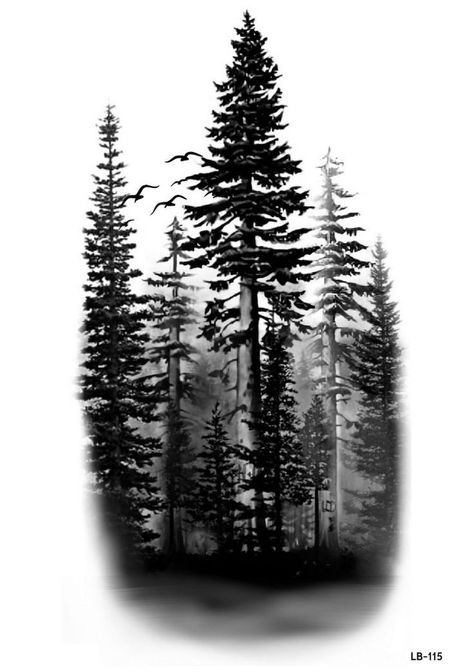 Dark Forest Tattoo, Evergreen Tattoo, Forest Tattoo Sleeve, Natur Tattoo Arm, Rip Tattoos For Mom, Tree Silhouette Tattoo, Scenery Tattoo, Rabe Tattoo, Celtic Tattoo Symbols