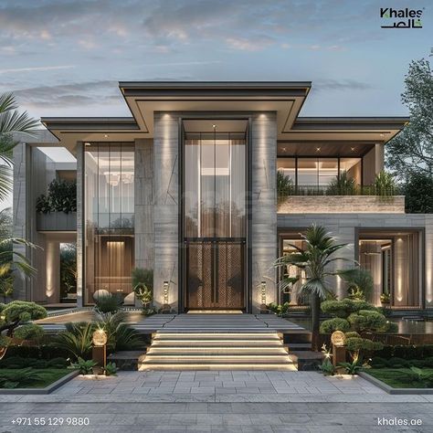 Luxury Villa Elevation, Classic Modern House Facade, Luxury Home Exterior Design, Arabic House Design Exterior, Luxury Modern Homes Exterior, Modern Villa Entrance, Modern Classic House Exterior, Exterior Design Villa, Modern Classical Architecture