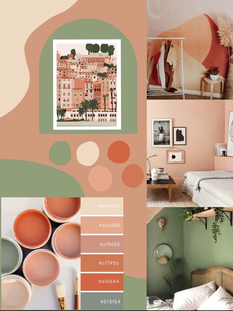 Tuscan Aesthetic Interior, 2024 Trending Color Palette, Green Room Bedroom, Pink And Green Room, Room Inspo Pink, Room Color Palette, Green Sofa Living, Deco Studio, Paint Inspiration