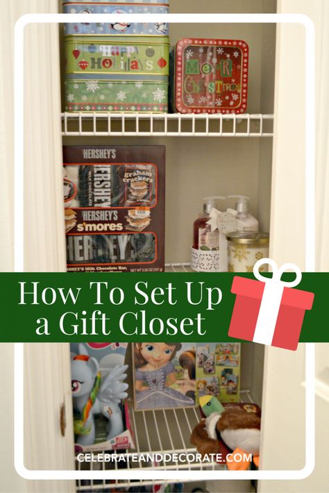 A how-to guide to set up a gift closet in your home! Gift Closet Ideas, Gift Closet Organization, Tidy Tips, Gift Closet, Organizational Hacks, Organization Gifts, Stocking Gifts, Household Tips, How To Set Up