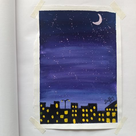 Night sky city lights moonlight starry sky starry night City Lights Drawing Easy, Night Sky Canvas Painting Easy, Moonlight Painting Night Skies, City Lights Painting Easy, Night City Painting Easy, City Night Drawing, City Lights Drawing, Painting Ideas Night Sky, Night Drawing Easy