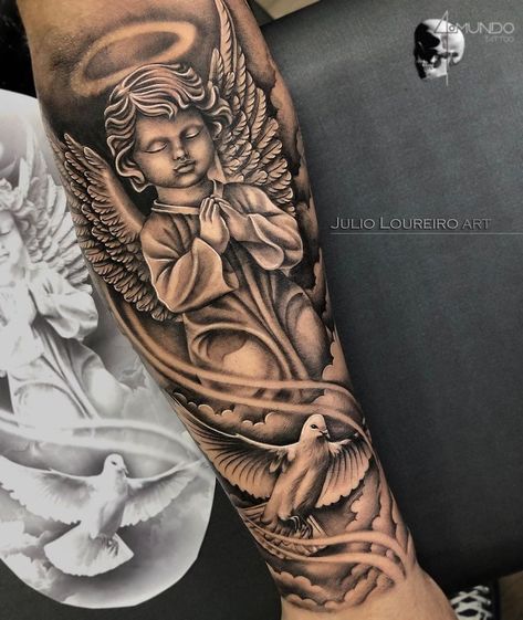 The broken heart stands out as a symbol of profound emotional resonance, representing not just heartbreak, but resilience, healing, and evolution. In this Angel Sleeve Tattoo, Datum Tattoo, Arm Tattoos For Guys Forearm, Half Sleeve Tattoos Forearm, Heaven Tattoos, Realistic Tattoo Sleeve, Men Tattoos Arm Sleeve, Cool Arm Tattoos, Forarm Tattoos