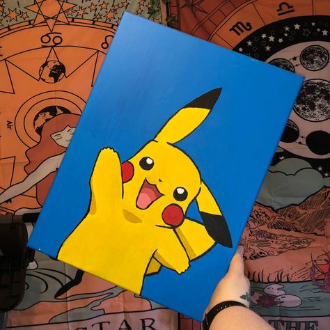 Pikachu Painting On Canvas Easy, Pikachu Painting Easy, Pikachu Acrylic Painting, Cute Cartoon Canvas Paintings, One Piece Painting Ideas, Pokemon Acrylic Painting, Pokemon Painting Ideas, Charmander Painting, Pikachu Canvas Painting