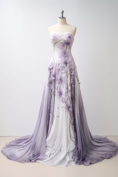 Lavender flower inspired gown Wedding Dresses Lavender And White, Lavender Dress Formal Long, Lavender Purple Wedding Dress, Purple Accent Wedding Dress, Light Lavender Wedding Dress, Light Purple And White Wedding Dress, Wedding Dresses With Purple Accents, Lavender Wedding Gown, Purple And White Prom Dress