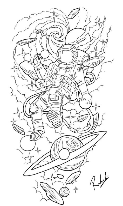 Astronaut Drawing, Astronaut Tattoo, Cartoon Tattoo, Journal 2024, Space Coloring Pages, Tattoo Outline Drawing, Galaxy Tattoo, Desain Buklet, Cloud Tattoo