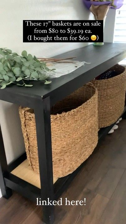 Entry Way Basket Storage, Console Table In Laundry Room, Tv Console Basket Storage, Console With Baskets Underneath, Baskets For Shoes Entryway, Baskets For Entryway Table, Shoe Storage Basket Ideas, Shoe Baskets Entryway, Foyer Shoe Storage Entryway