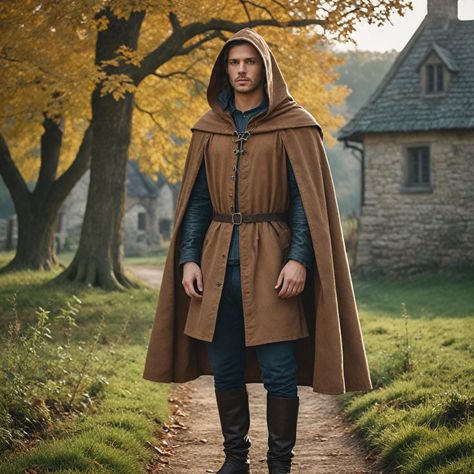 Introducing our exquisite Medieval Cloak, perfect for those who have the craving for historical elegance and finesse in attire. This generous hooded cloak, designed flowing, will be ideal to add that flair of authenticity to your Renaissance Fair outfit and give you a historical accuracy for LARP events and historical reenactments. The cloaks were made to unfold the feelings of love and tender care, and carefully watched by experts to make sure that we reflect our goal of presenting only the fin Medieval Inspired Outfits Men, Knight With Cape, Man In Cloak, Medieval Outfits Men, Larp Costume Men, Wizard Clothes, Medieval Mens Clothing, Hobbit Costumes, Victorian Cloak