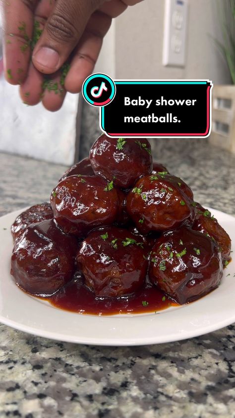 Baby Shower Meatballs Crock Pot, Chef Keysh Recipes, Baby Shower Dips Appetizers, Baby Shower Meatball Recipes, Baby Shower Food Ideas Black People, Baby Shower Food Black People, Baby Shower Meatballs, Shower Meatballs, Backyard Baby Shower Ideas