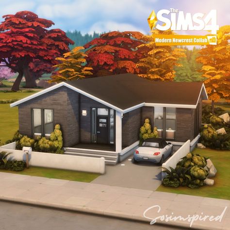 Sims 3 Houses Ideas Modern, Sims 4 Newcrest House Ideas, Sims 4 Modern House Exterior, Sims 4 Small House Exterior, Small House Sims 4 Ideas, Sims Houses Small, Sims Houses Modern, Sims 4 Modern Bungalow, Sims 4 Mcm House