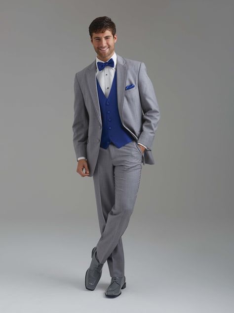 Royal blue vest & tie with an all grey suit by Sarno & Sons! Black Prom Suits, Groom Tuxedo Wedding, Prom Tux, Blue Tux, Grooms Men, Wedding Tux, Prom Tuxedo, Evening Suit, Best Man Wedding