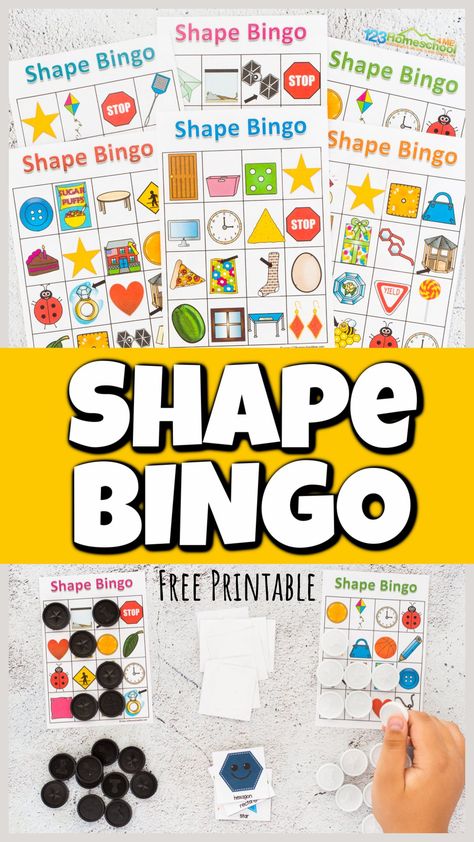 Make learning about shapes for kids fun with this super cute, Shape Bingo. This shape game will help kids go from knowing basic shapes to seeing them in the world around them. Use this shape activity for applying math with toddler, preschool, pre-k, kindergarten, and first grade students. Simply print free shapes printables and you are ready to play and learn with a shapes bingo! Shape Bingo, Shape Activities Kindergarten, Bingo Games For Kids, Shape Activities Preschool, Shapes Kindergarten, Geometry Activities, Teaching Shapes, Printable Shapes, Shape Games